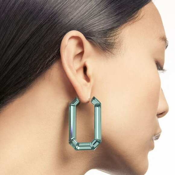 New in Box Swarovski Green Aluminum Lucent Large Hoop Earrings - Picture 3 of 7